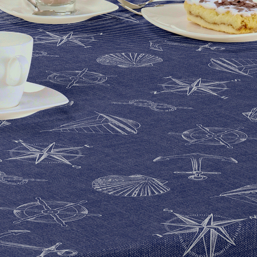 Nordfavn Captain - blaue Wachstuch Tischdecke mit maritimen Motiven, Details