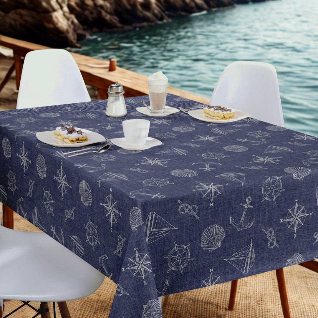 Nordfavn Captain - blaue Wachstuch Tischdecke mit maritimen Motiven, Ambiente