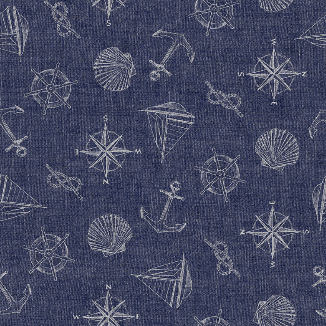 Nordfavn Captain - blaue Wachstuch Tischdecke mit maritimen Motiven, Muster