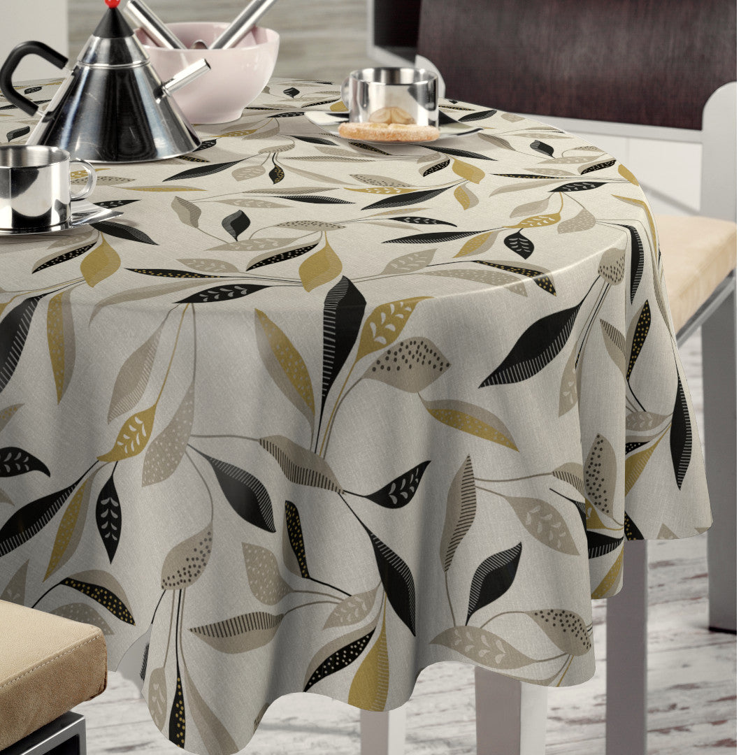 Nordfavn Class Beige - Runde Wachstuch Tischdecke mit grafischem Blattmuster im Ambiente