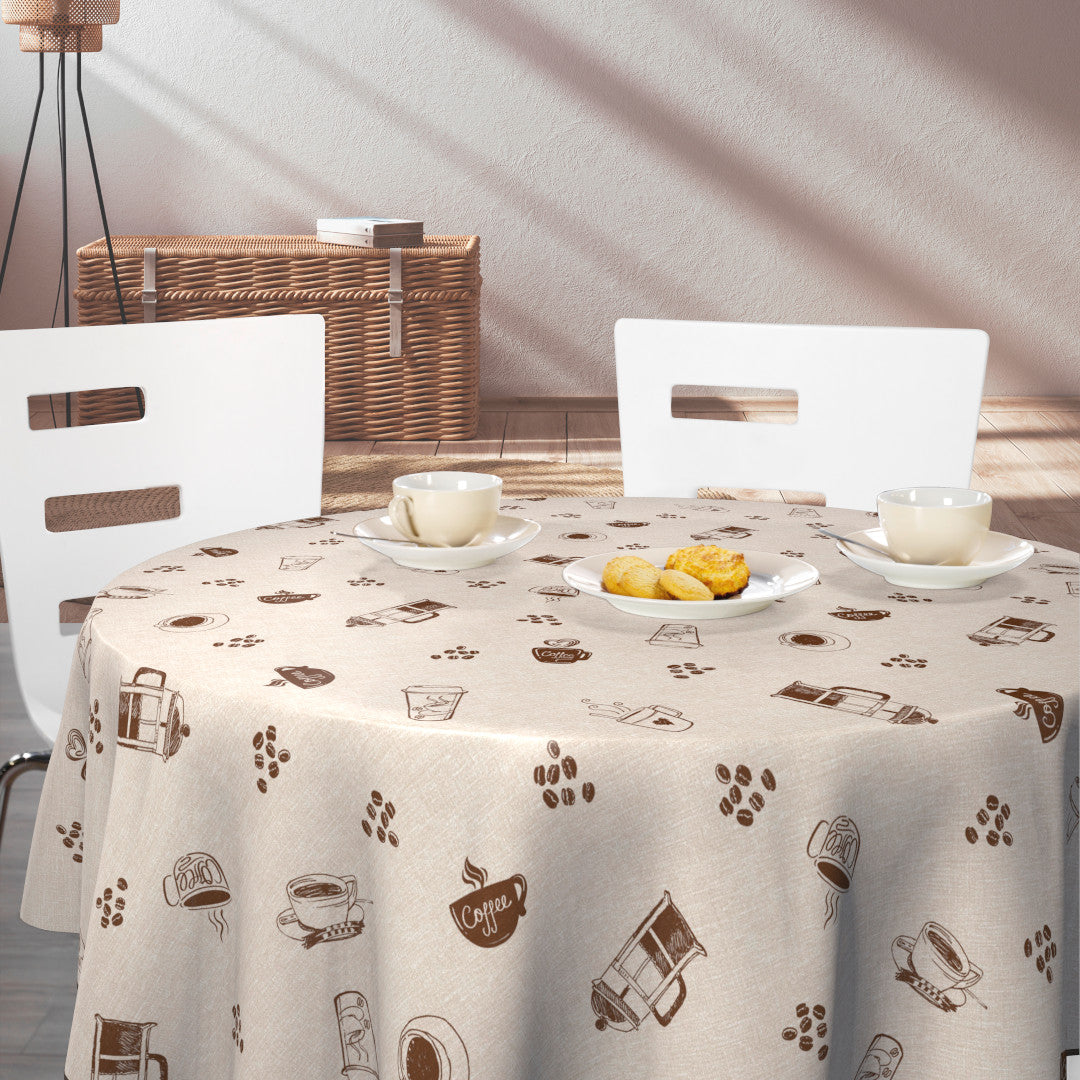 Nordfavn Coffee Time Beige – Runde Wachstuch-Tischdecke mit gemütlichem Kaffeemotiv