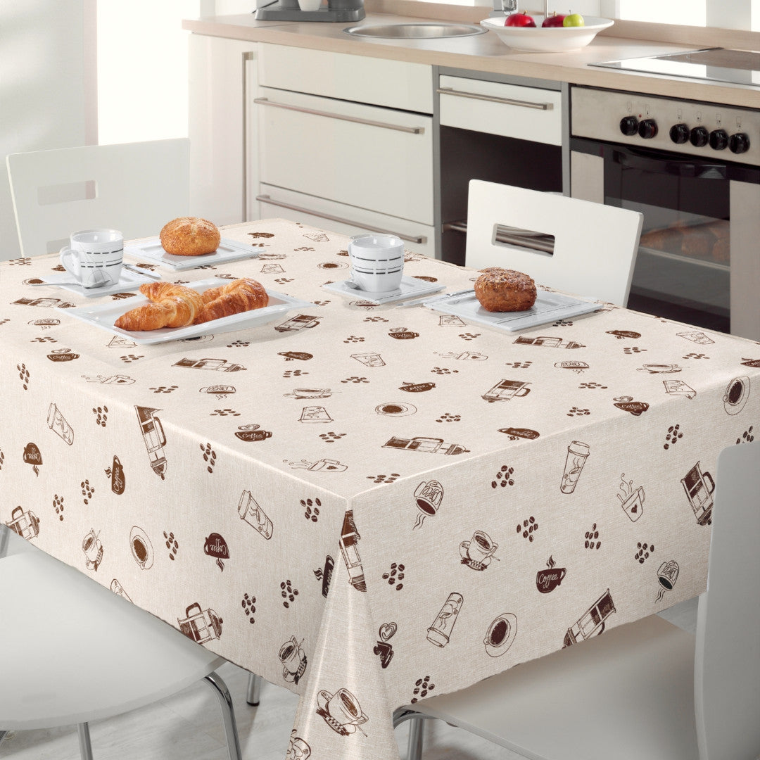 Nordfavn Coffee Time Beige – Wachstuch Tischdecke mit gemütlichem Kaffeemotiv, Ambiente