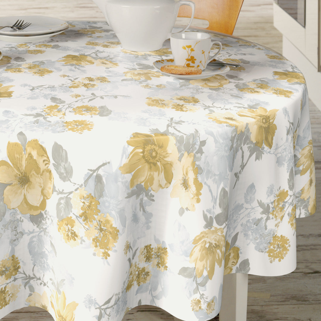 Nordfavn Elisabeth Gelb - Runde Wachstuch Tischdecke mit romantischem Blumenprint im Ambiente