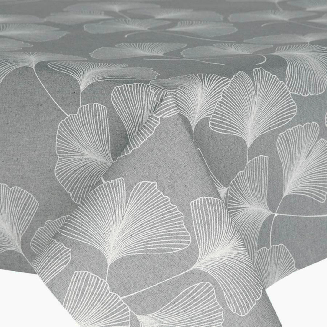 Nordfavn Ginko Grau – Abwaschbare Tischdecke mit stilisierten Blättern, Ecke