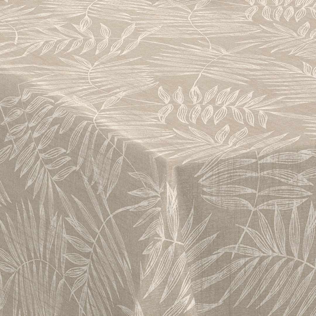 Nordfavn Hojas Beige – Wachstuch Tischdecke mit hellem Blattmuster in Leinenoptik, Ecke