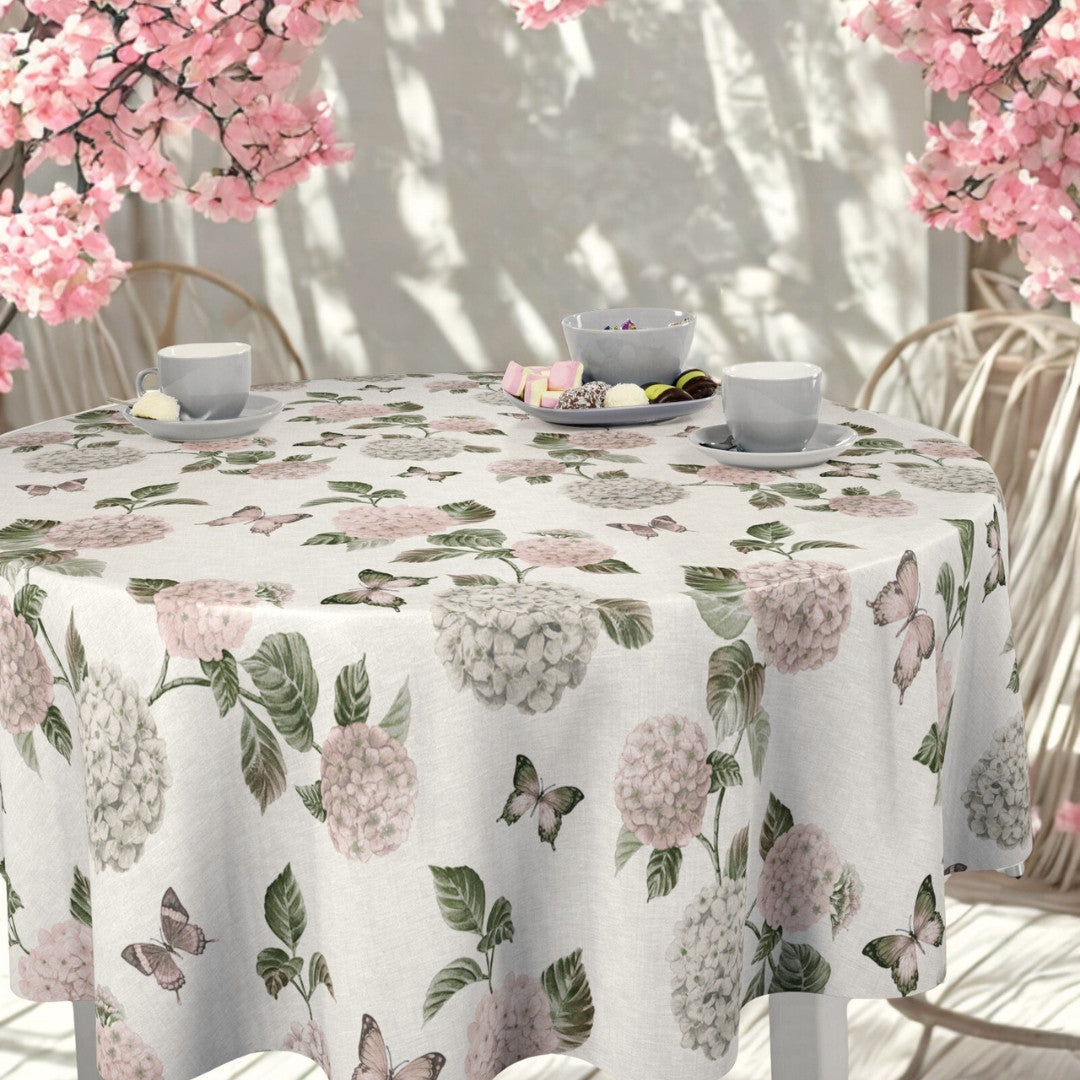 Nordfavn Hortensia Have - Runde Wachstuch Tischdecke mit Schmetterlingen, rundes Gartenambiente