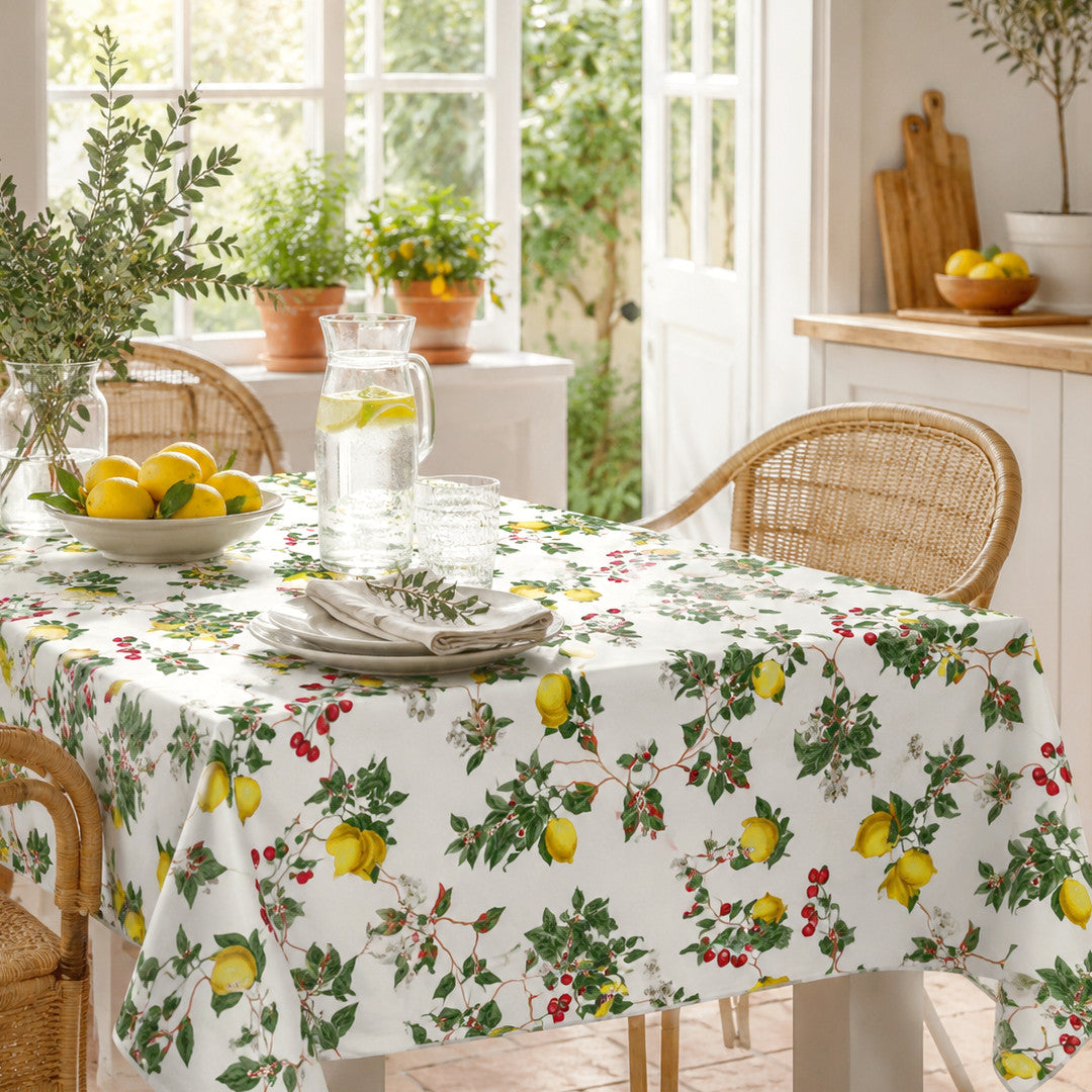 Nordfavn Lemon Cherry – Wachstuch Tischdecke mit Zitronen und Kirschen, Sommerstimmung