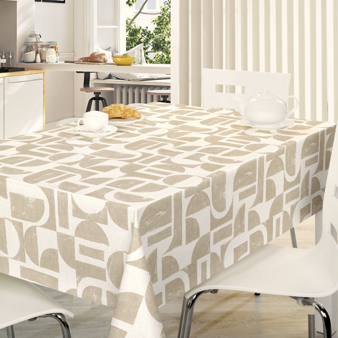 Nordfavn Manu Beige – Wachstuch Tischdecke mit grafischem Muster in Leinenoptik, Ambiente