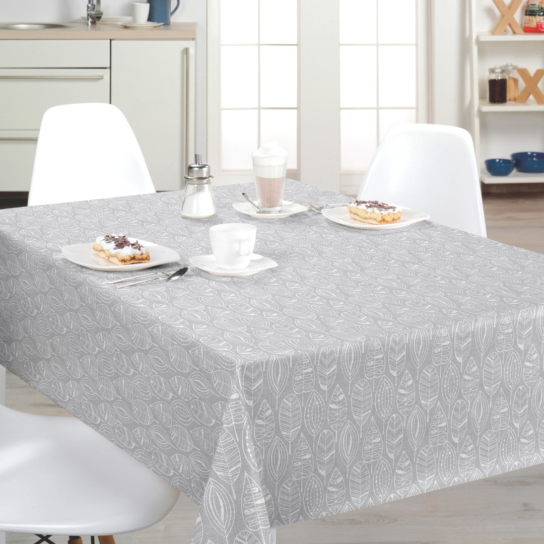 Nordfavn Nordic Leaf Grau – Wachstuch Tischdecke mit stilisiertem Blattmuster, Ambiente