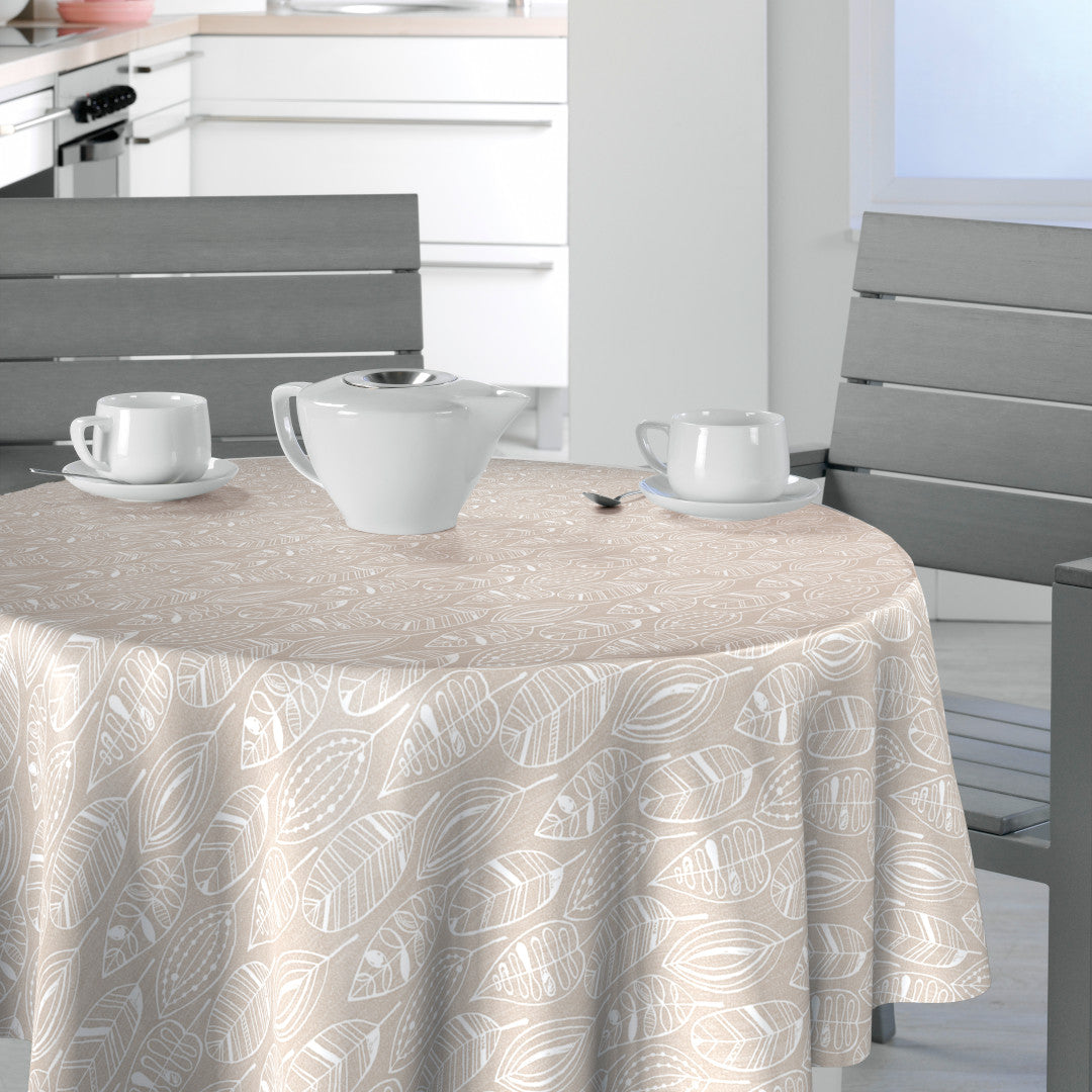 Nordfavn Nordic Leaf Sand – Runde Wachstuch-Tischdecke mit stilisiertem Blattmuster