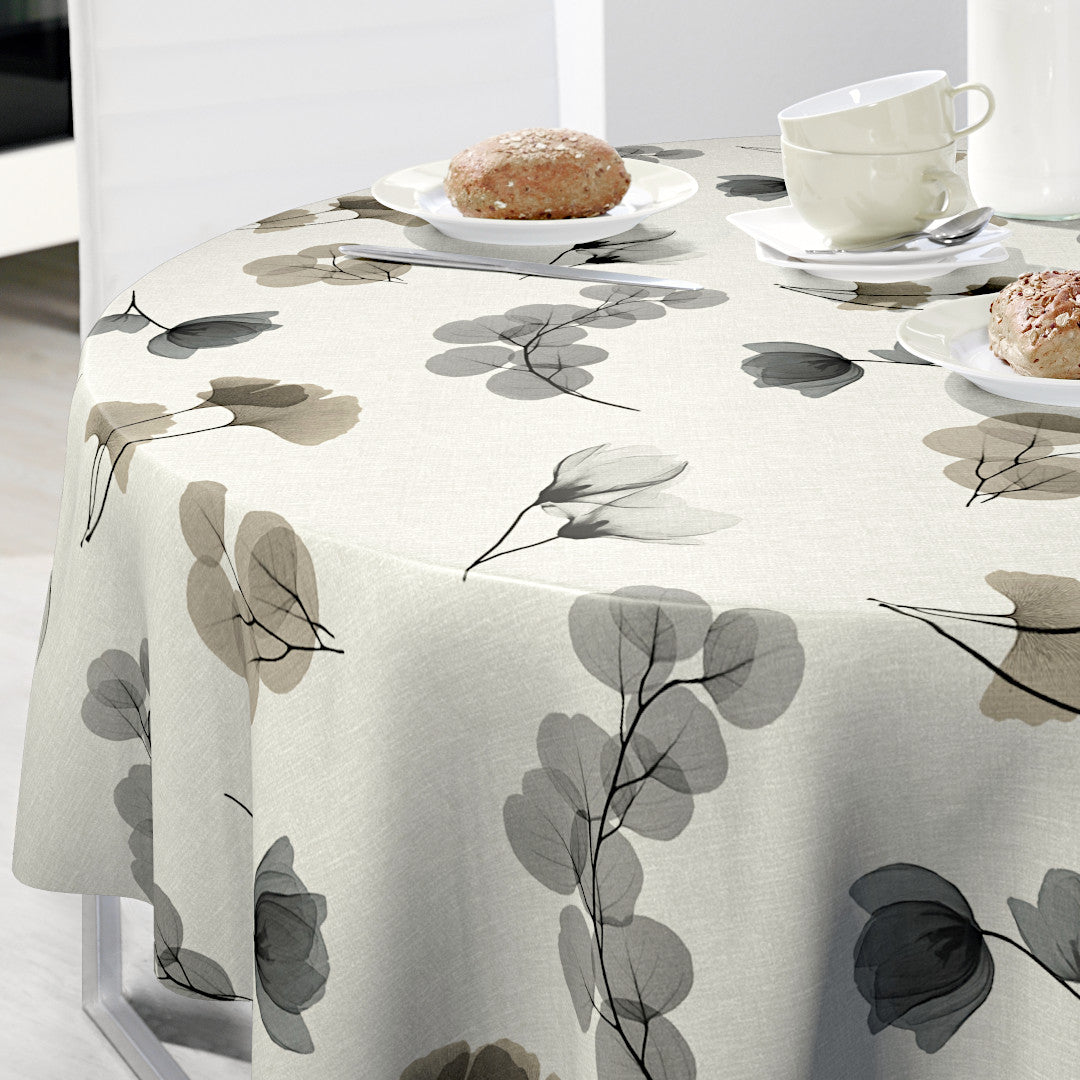 Nordfavn Organza Grau-Beige – Runde Wachstuch Tischdecke mit Blättermuster, rund