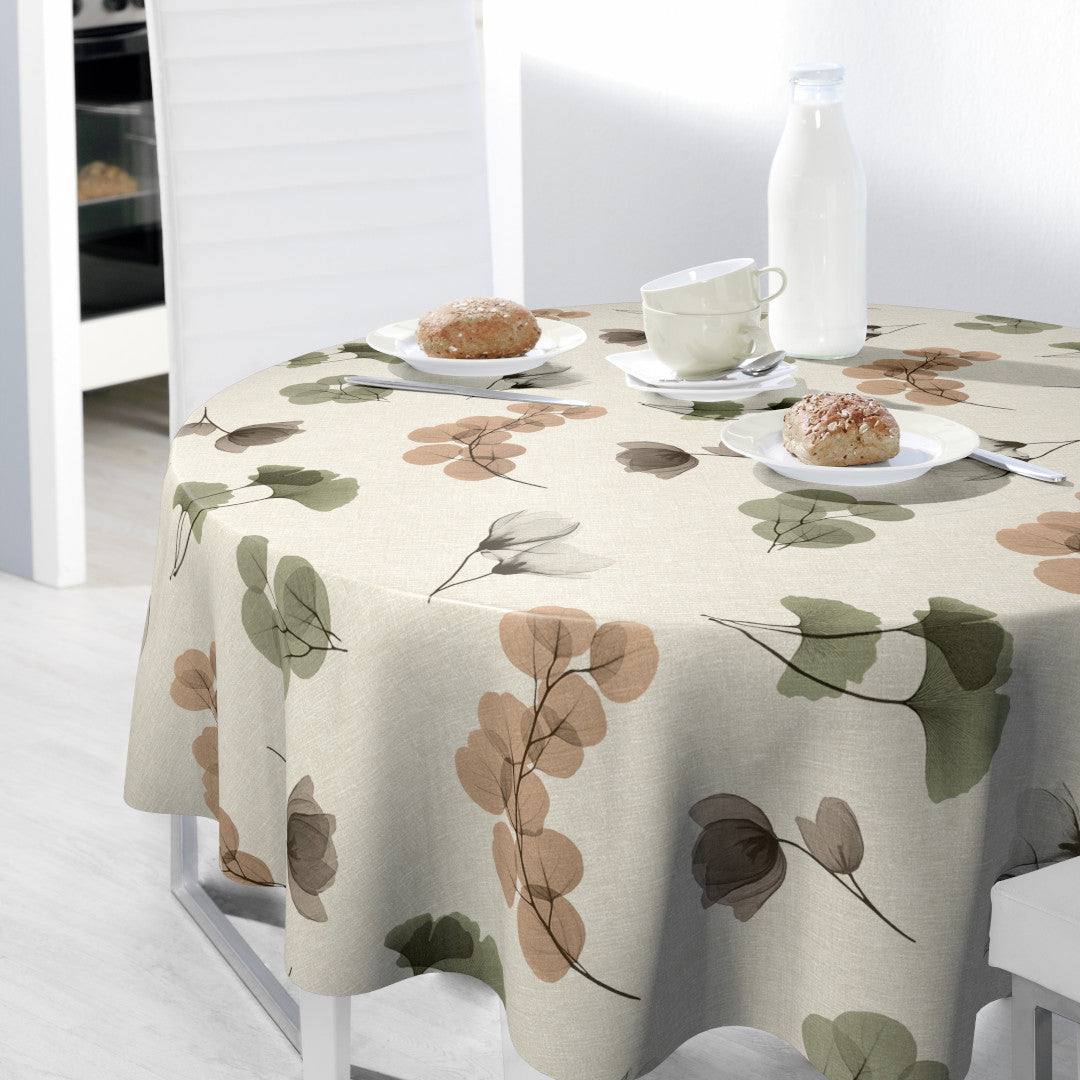 Nordfavn Organza Natur – Runde Wachstuch Tischdecke mit leichtem Blumen- und Blattmuster