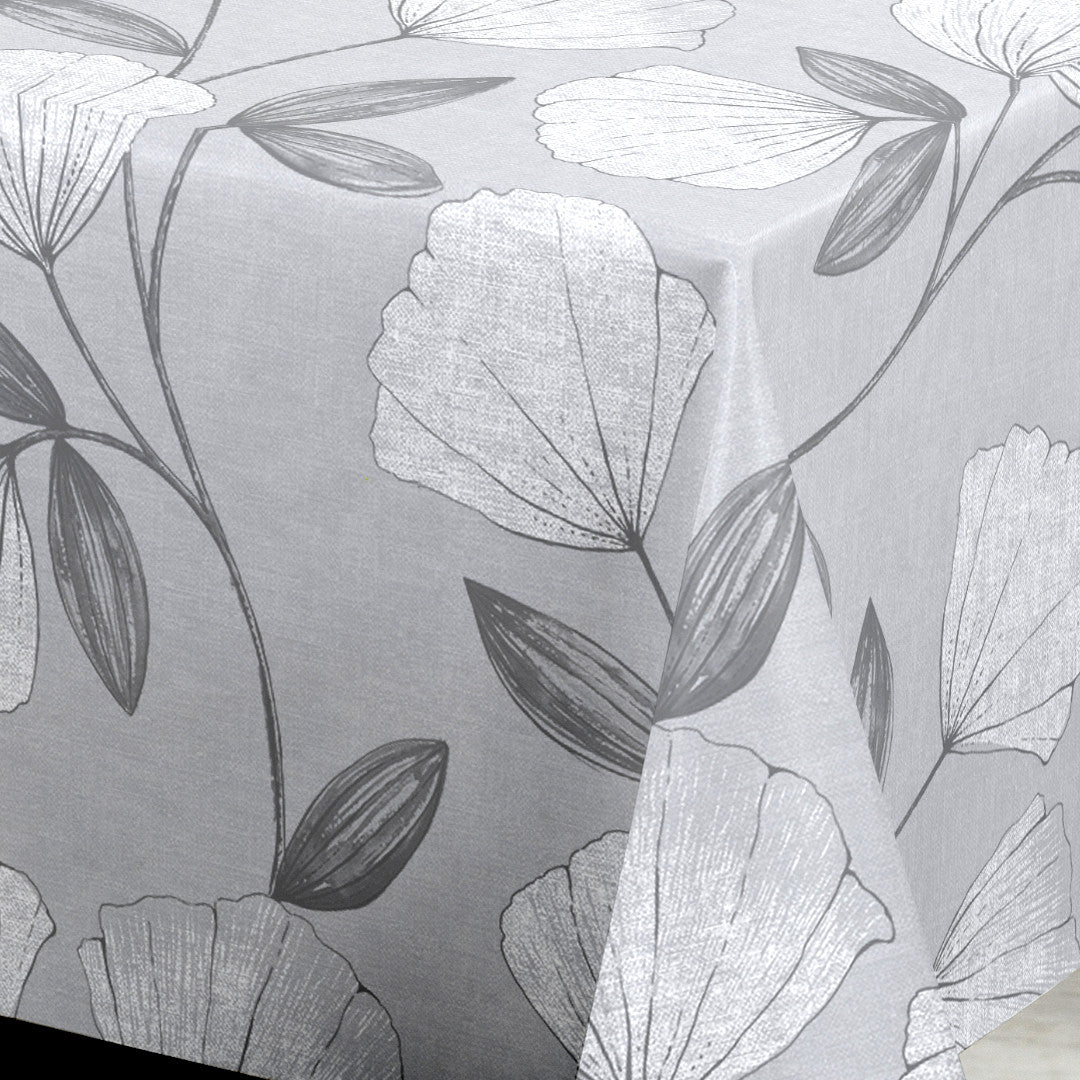 Nordfavn Shell Grau Silber – Wachstuch Tischdecke mit elegantem Blattmuster, Ecke