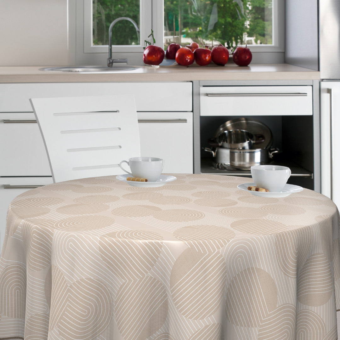 Nordfavn Soft Geo Sand – Runde Wachstuch-Tischdecke mit grafischem Muster