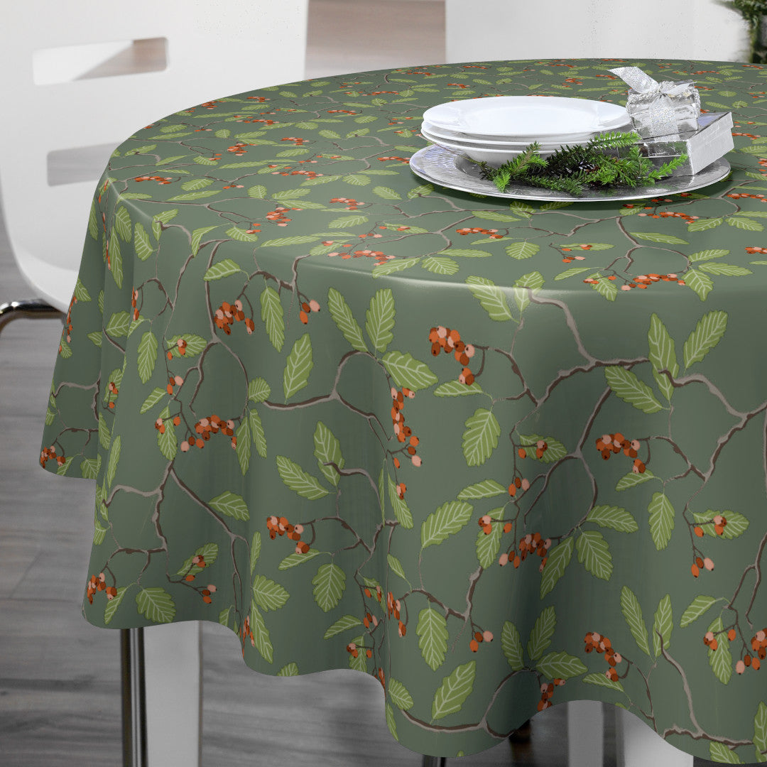 Nordfavn Winter Berry – Runde Wachstuch Tischdecke für Weihnachten mit Zweigen und roten Beeren