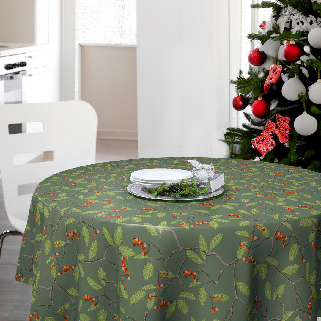 Nordfavn Winter Berry – Runde Wachstuch Tischdecke für Weihnachten mit Zweigen und roten Beeren, Ambiente
