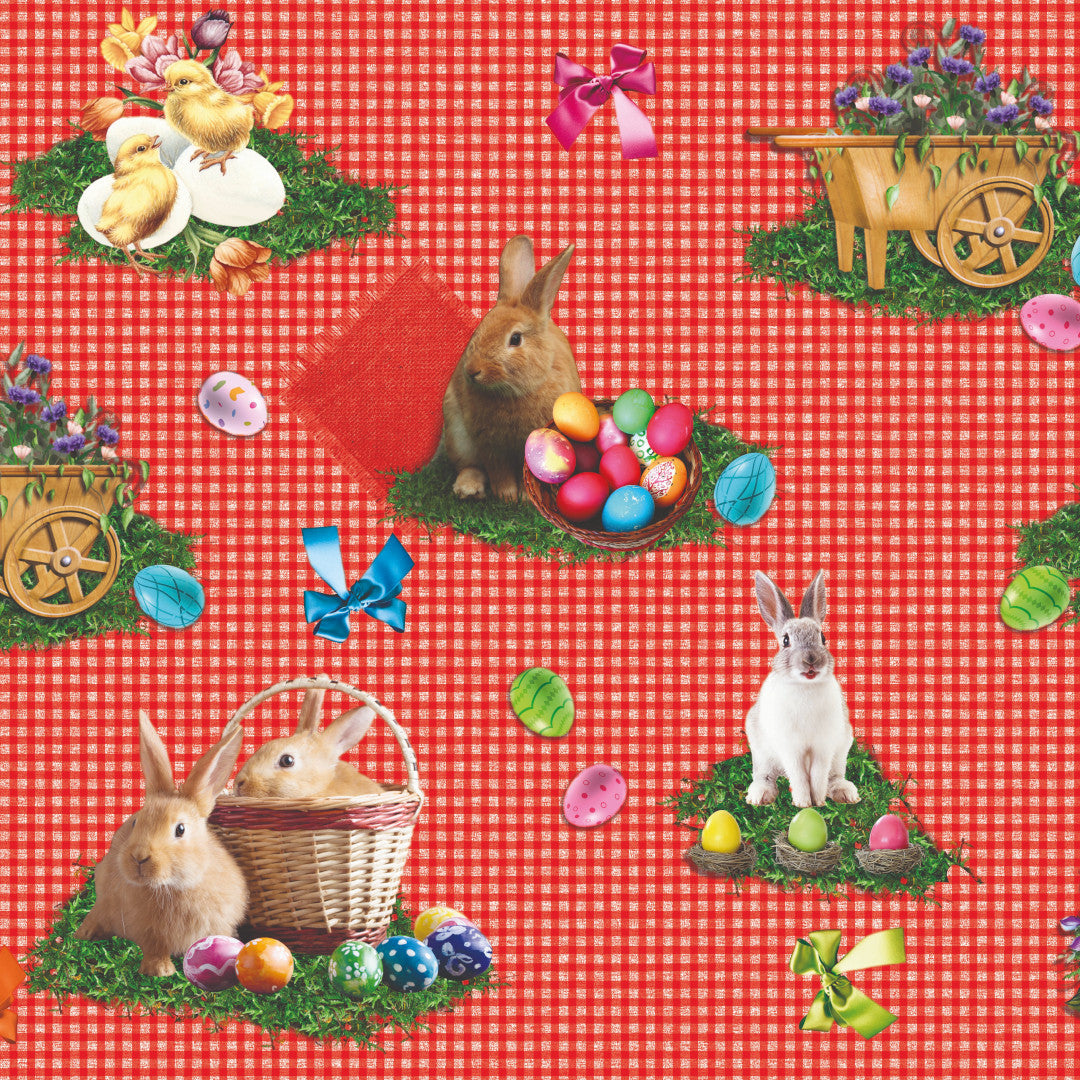 Osterfreude Kariert Rot – Wachstuch Tischdecke für Ostern mit Hasen, Küken und Ostereiern