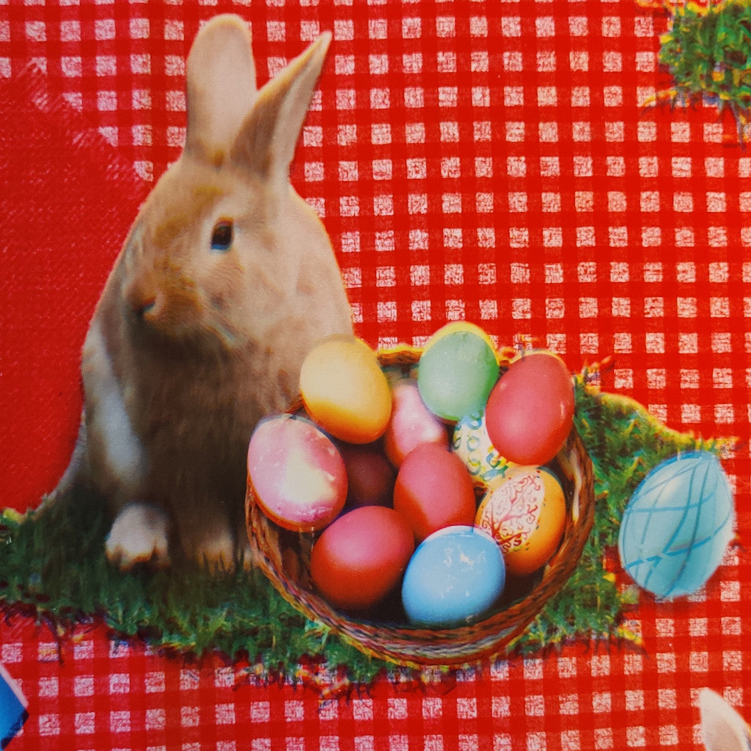 Osterfreude Kariert Rot – Wachstuch Tischdecke für Ostern mit Hasen, Küken und Ostereiern, unscharf