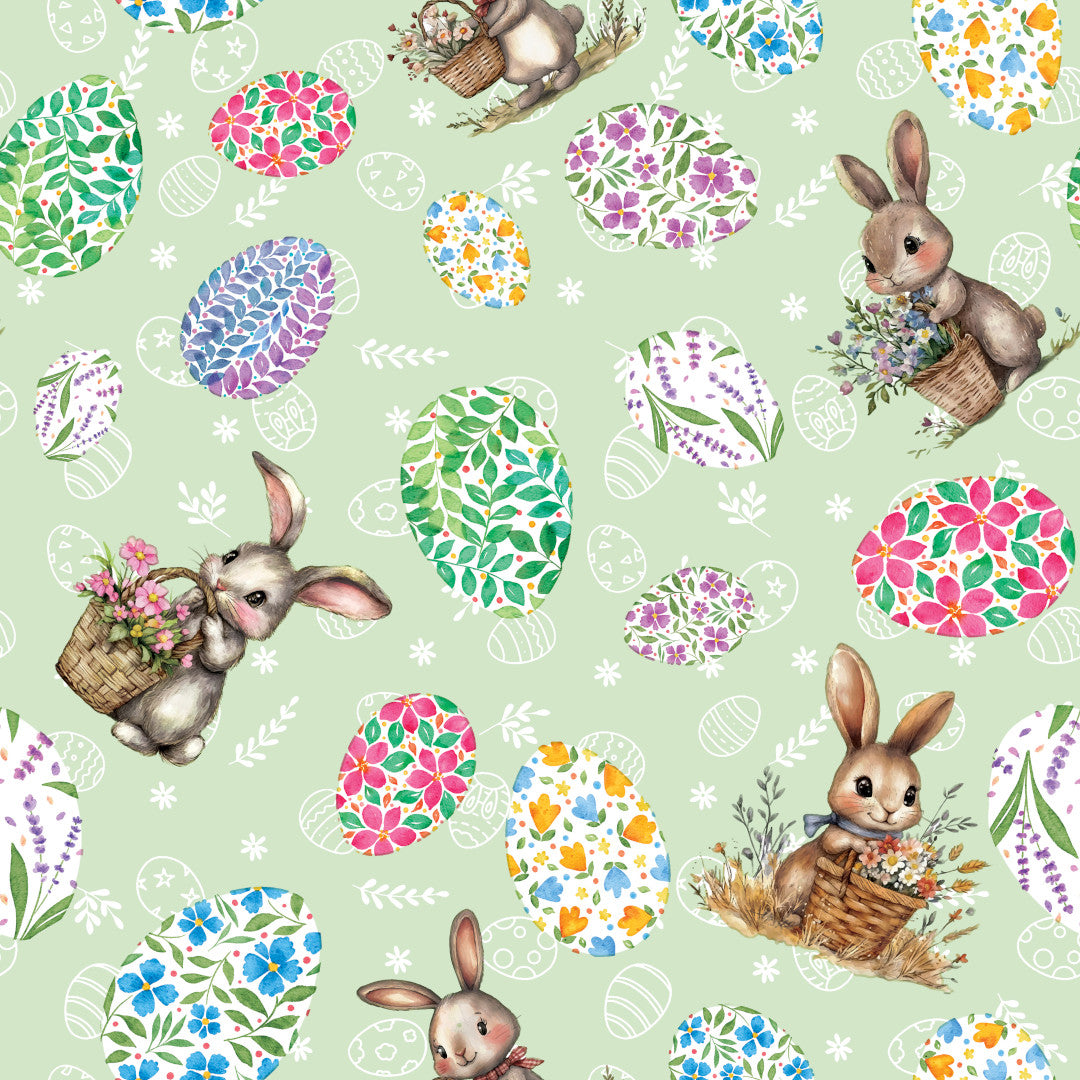 Osterhase Grün – Wachstuch Tischdecke für Ostern mit Hase und Ostereiern mit Blumenmuster, Motiv