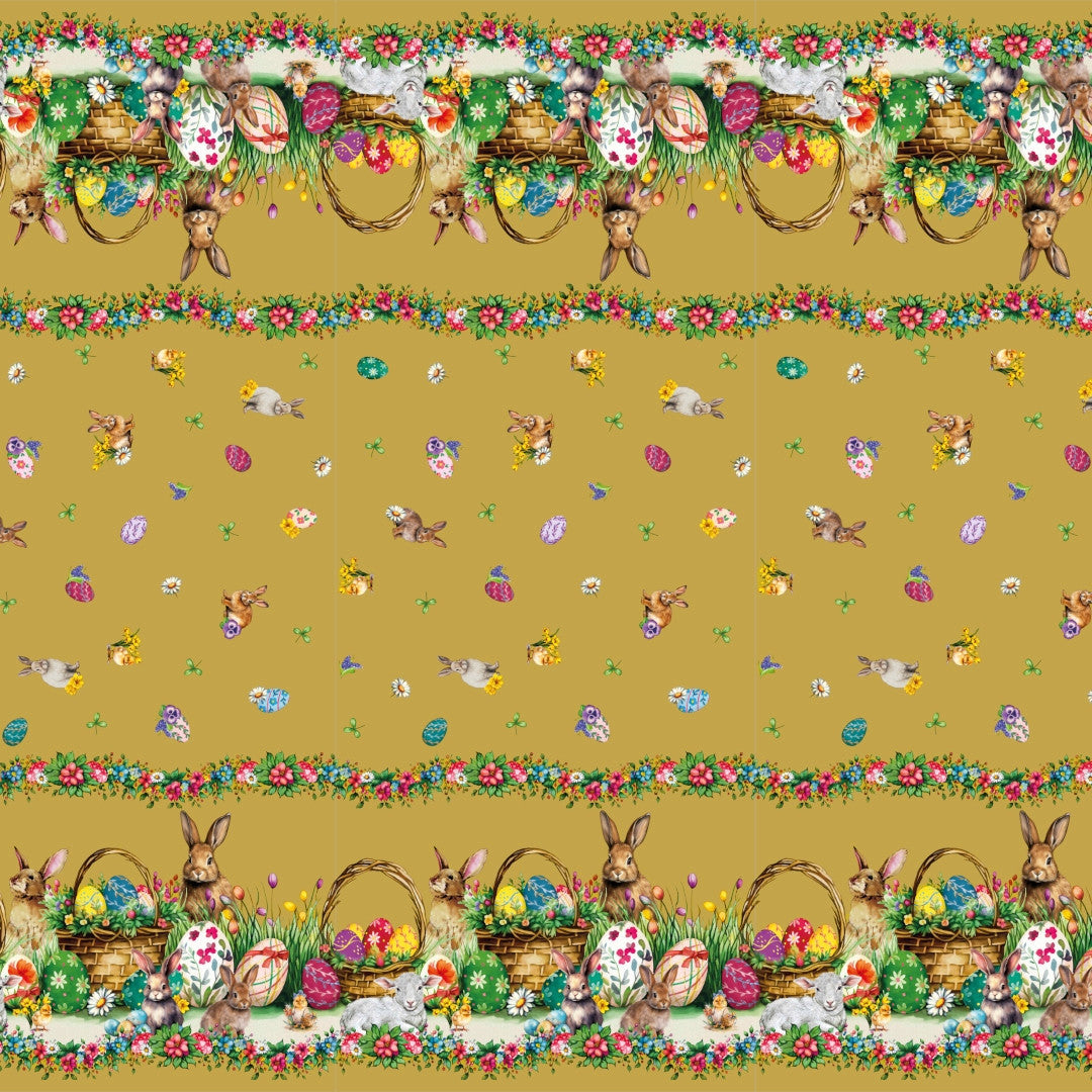 Osterlamm Goldfarben – Wachstuch Tischdecke für Ostern mit Lämmern und Osterhasen, Muster