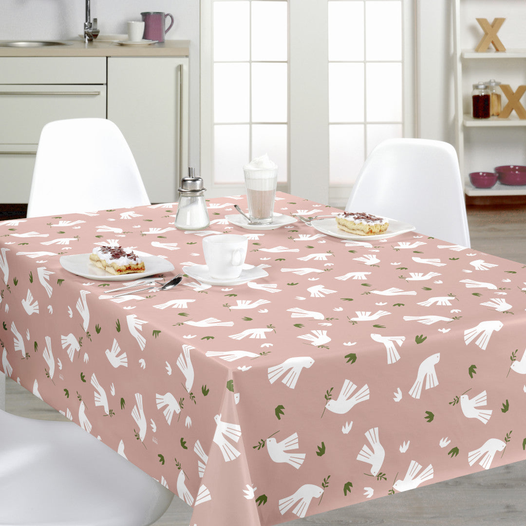 Peace is in the Air Rosenwood – Lola Wachstuch Tischdecke mit grafischem Vogelmotiv