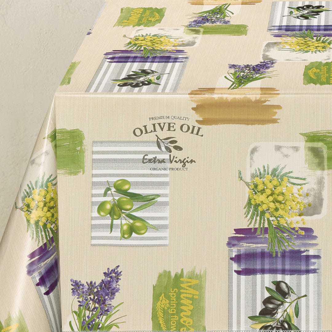Provence Oliven & Blomster - Wachstuch Tischdecke mit beigem Grund, Ecke