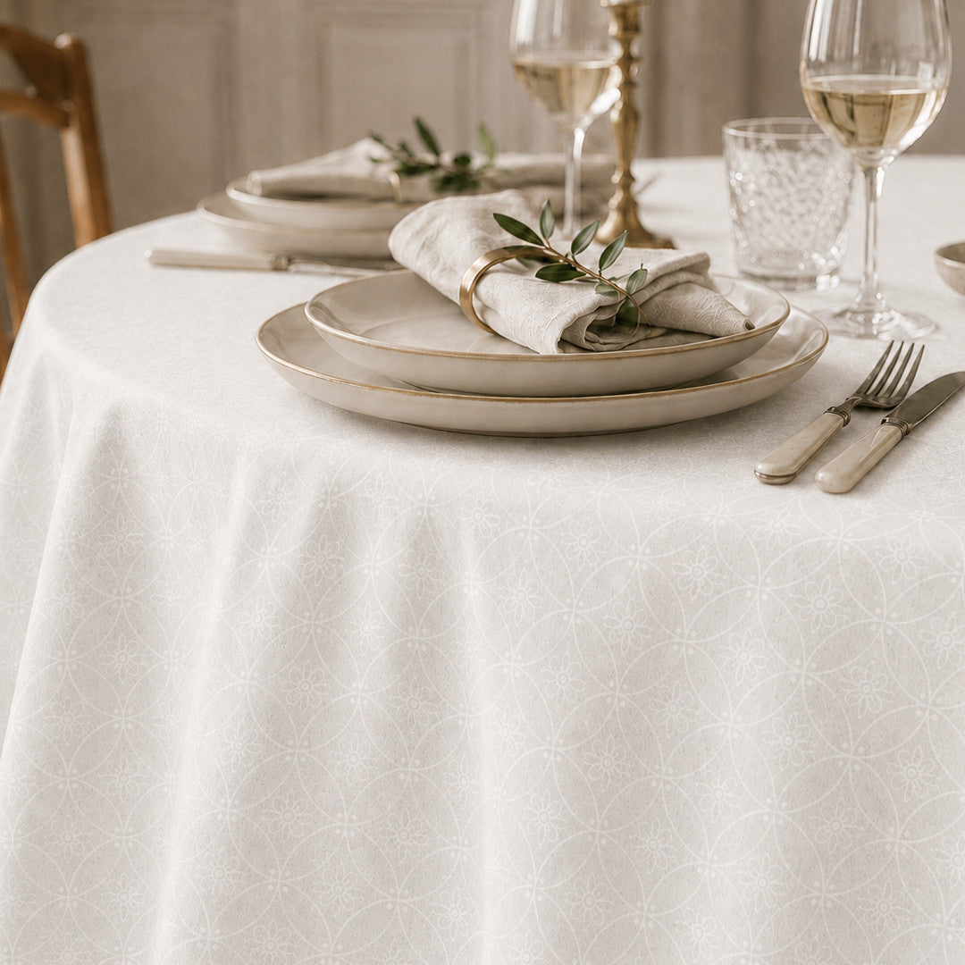 Rivera Blanco – Jacquardgewebte abwaschbare Tischdecke in Offwhite, rund
