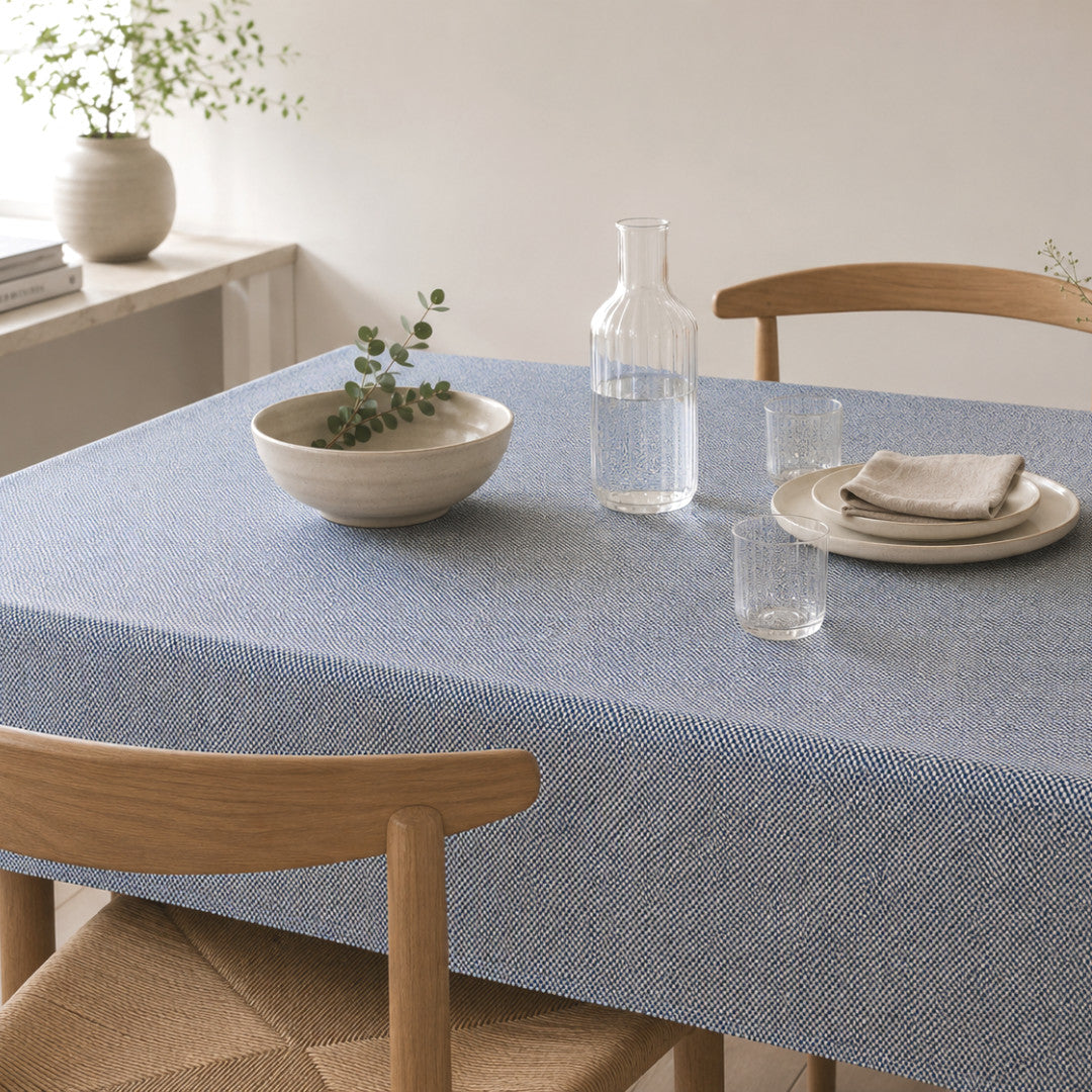 Nordfavn Roa Jeansblau – jacquardgewebte abwaschbare Tischdecke mit melierter Struktur, Ambiente
