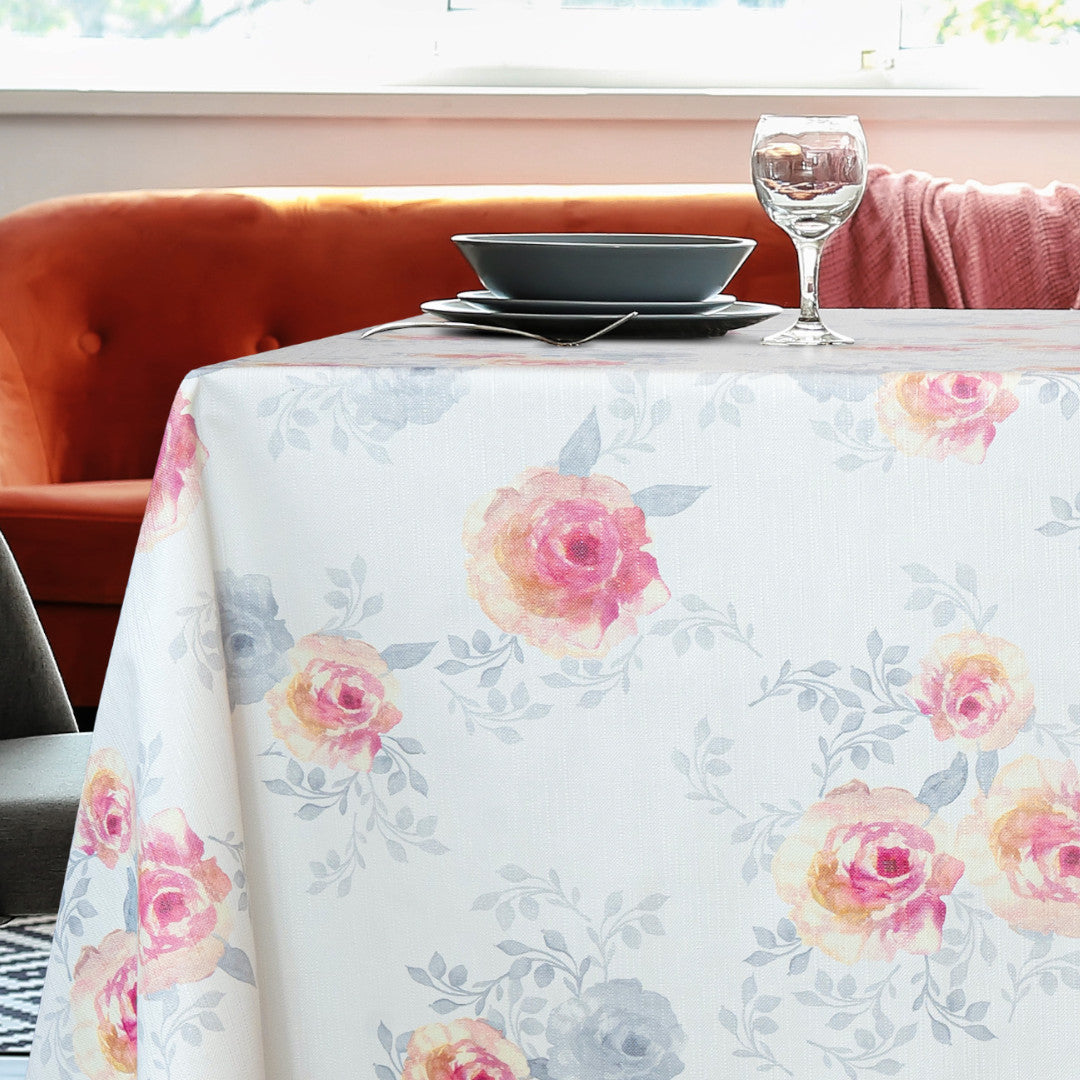 Rosalie Blush – Wachstuch Tischdecke mit Blumenprint und Textiloptik, Ecke