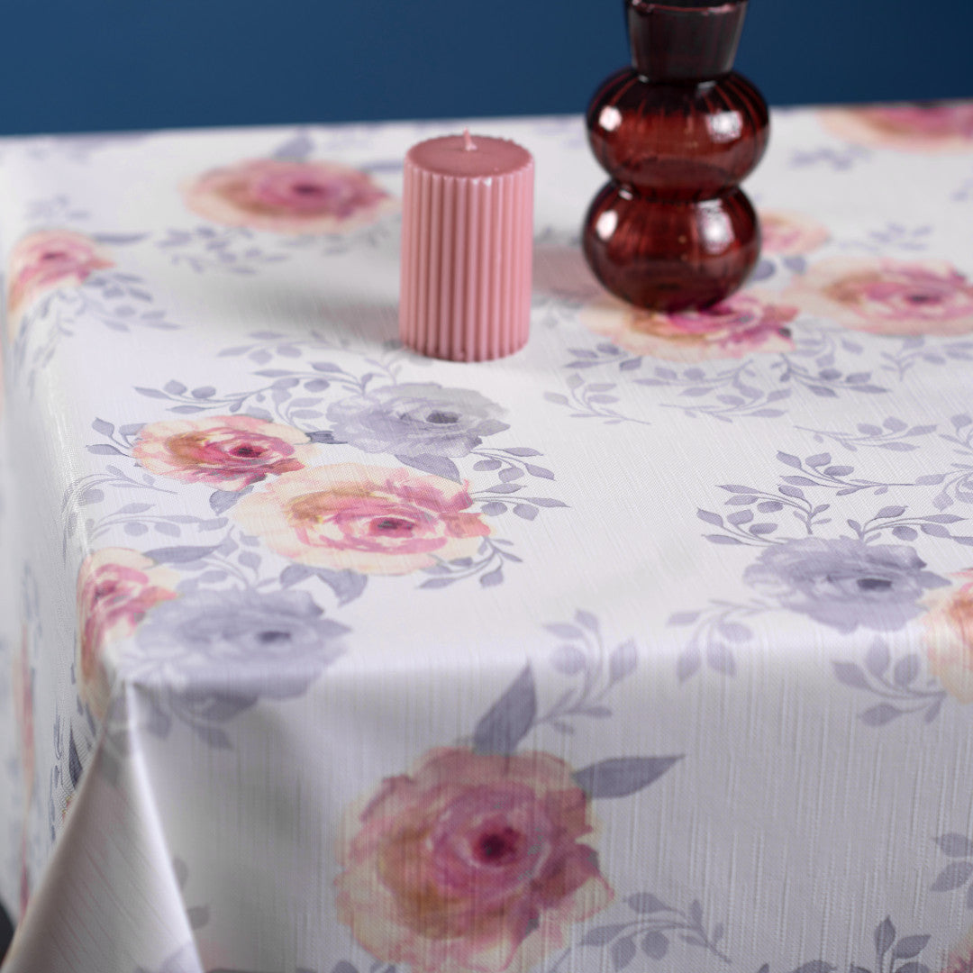 Rosalie Blush – Wachstuch Tischdecke mit Blumenprint und Textiloptik