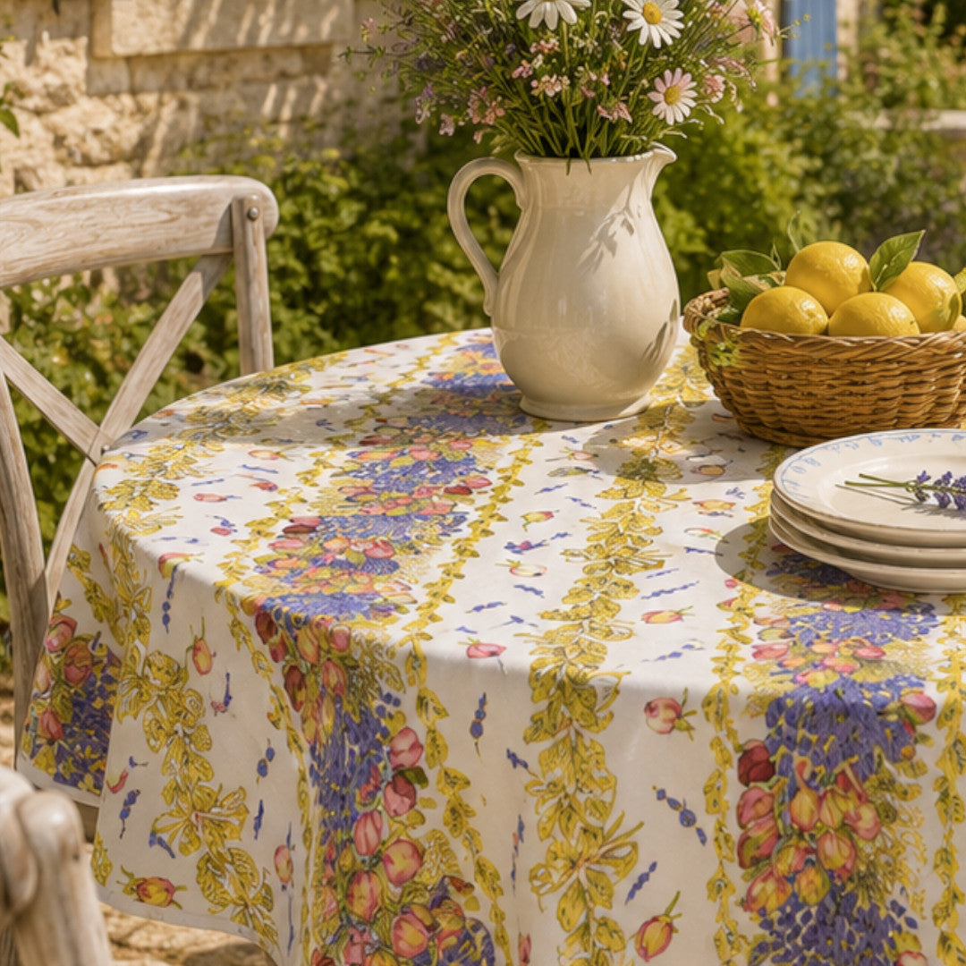 Rose Lavande Linaer – Runde Provence-Tischdecke Ø 150 cm, Nahaufnahme
