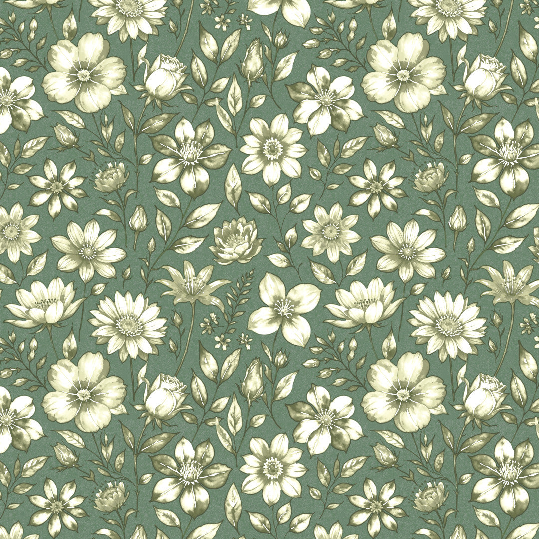 Skovblomst Grün – leicht geprägte Wachstuch Tischdecke mit Blumen, Muster