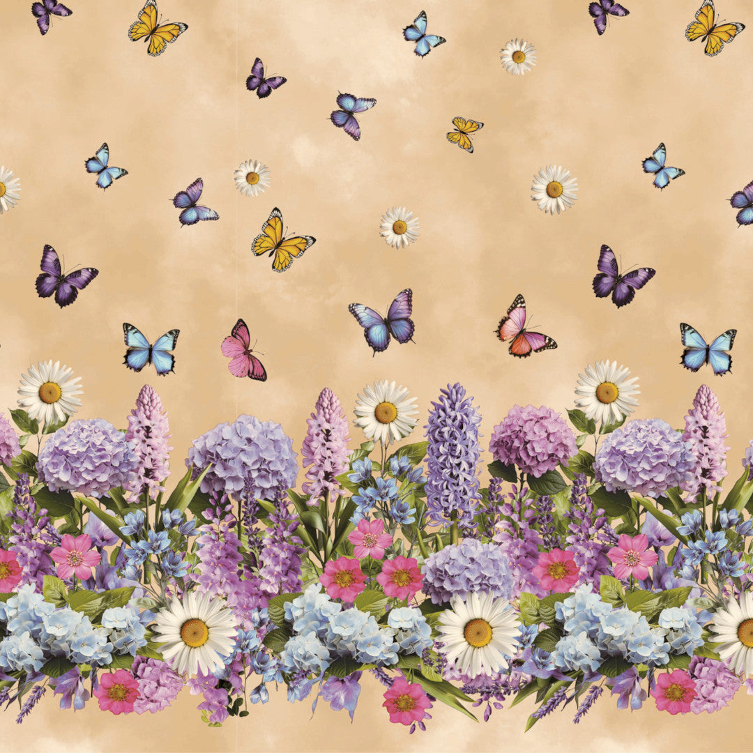 Sommereng Beige – Wachstuch Tischdecke mit Blumen und Schmetterlingen, Muster