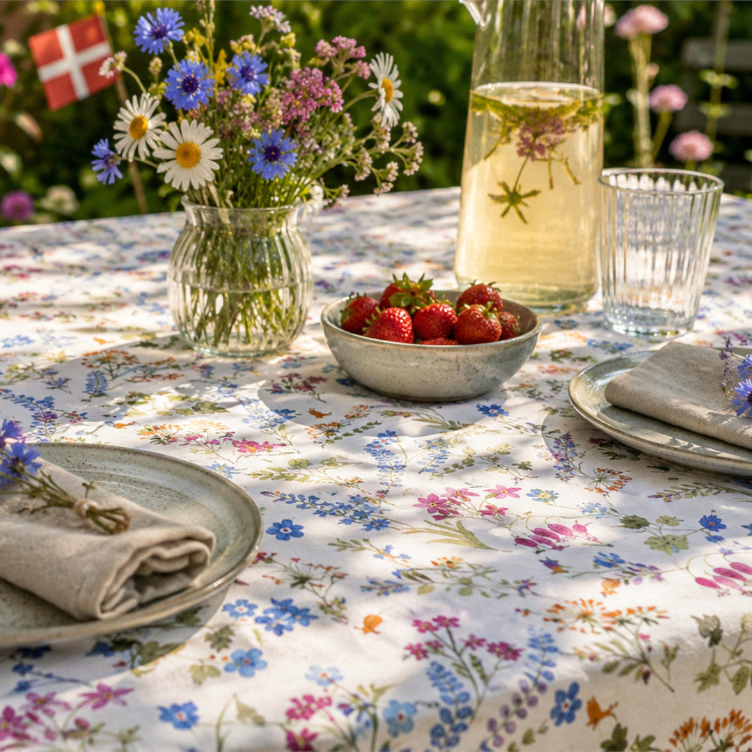 Sommerwiese – Wachstuch Tischdecke für den Sommer mit Wildblumen, Ambiente