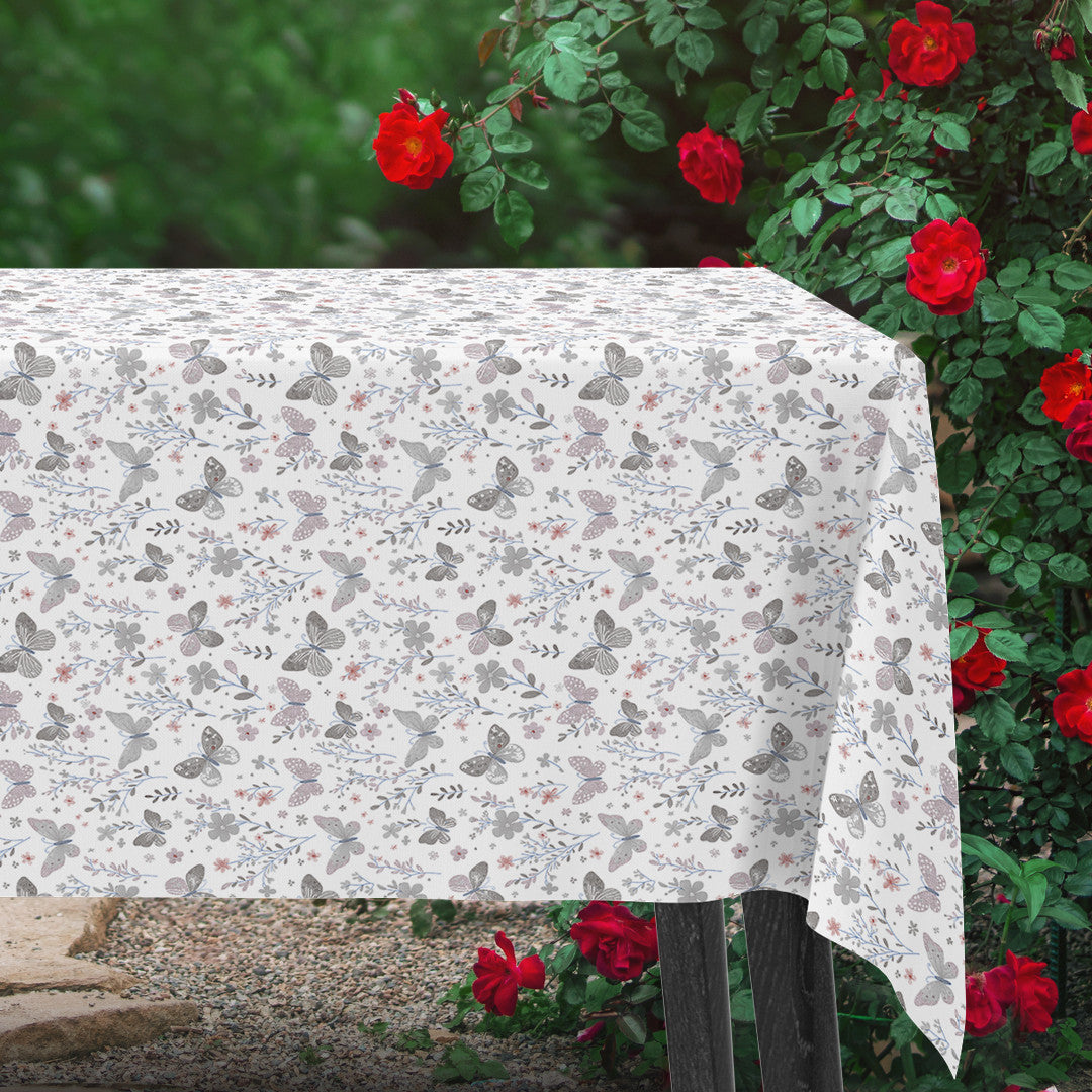 Sommerfavn Grau – Wachstuch Tischdecke mit Schmetterlingen und Blumen