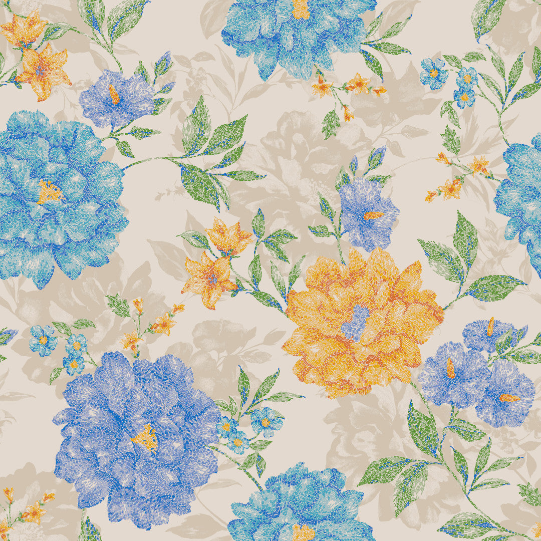 Sommerflora Beige – Wachstuch Tischdecke mit blauen und goldenen Blumen, Muster