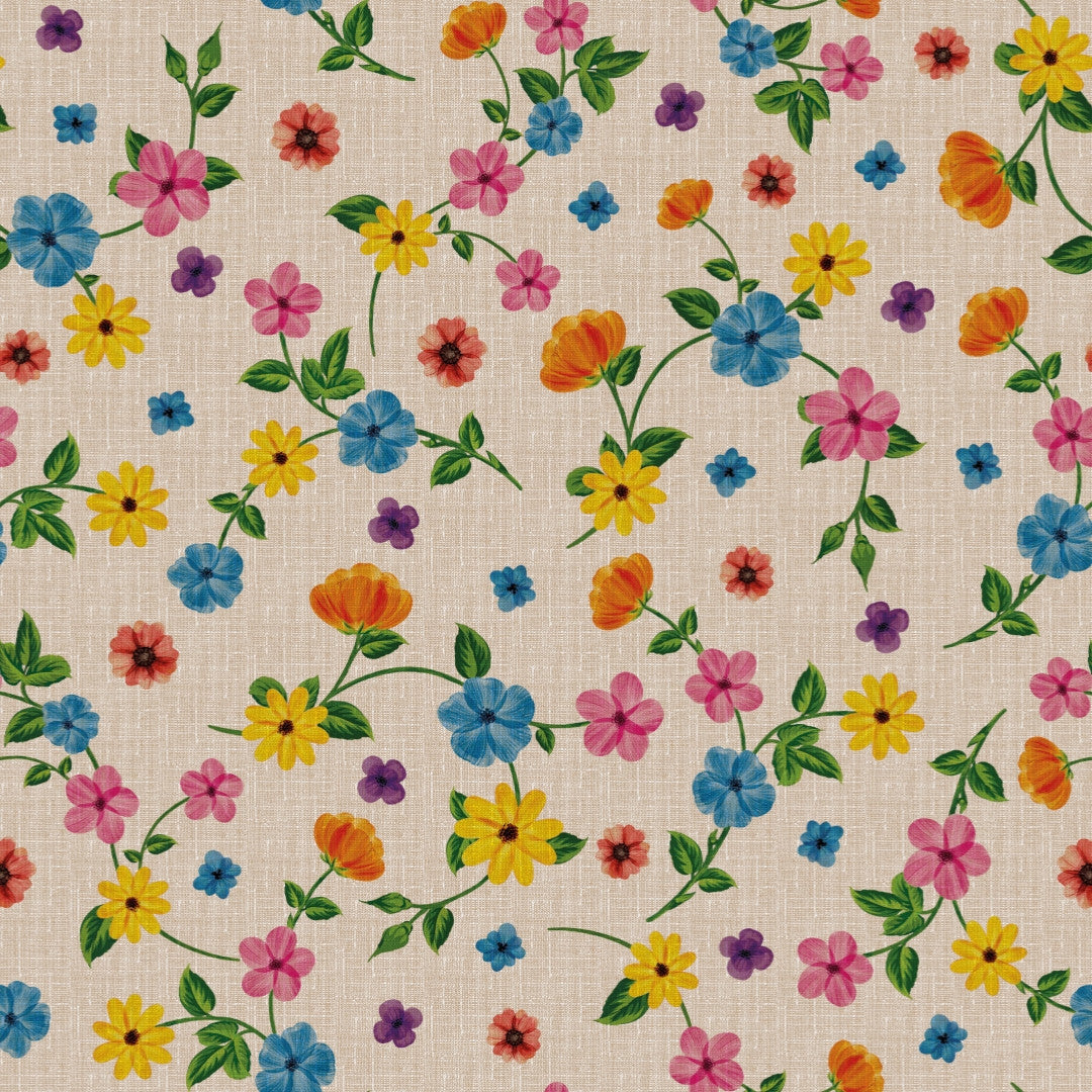 Sommerranker – Beige Wachstuch Tischdecke mit farbenfrohen Blumen