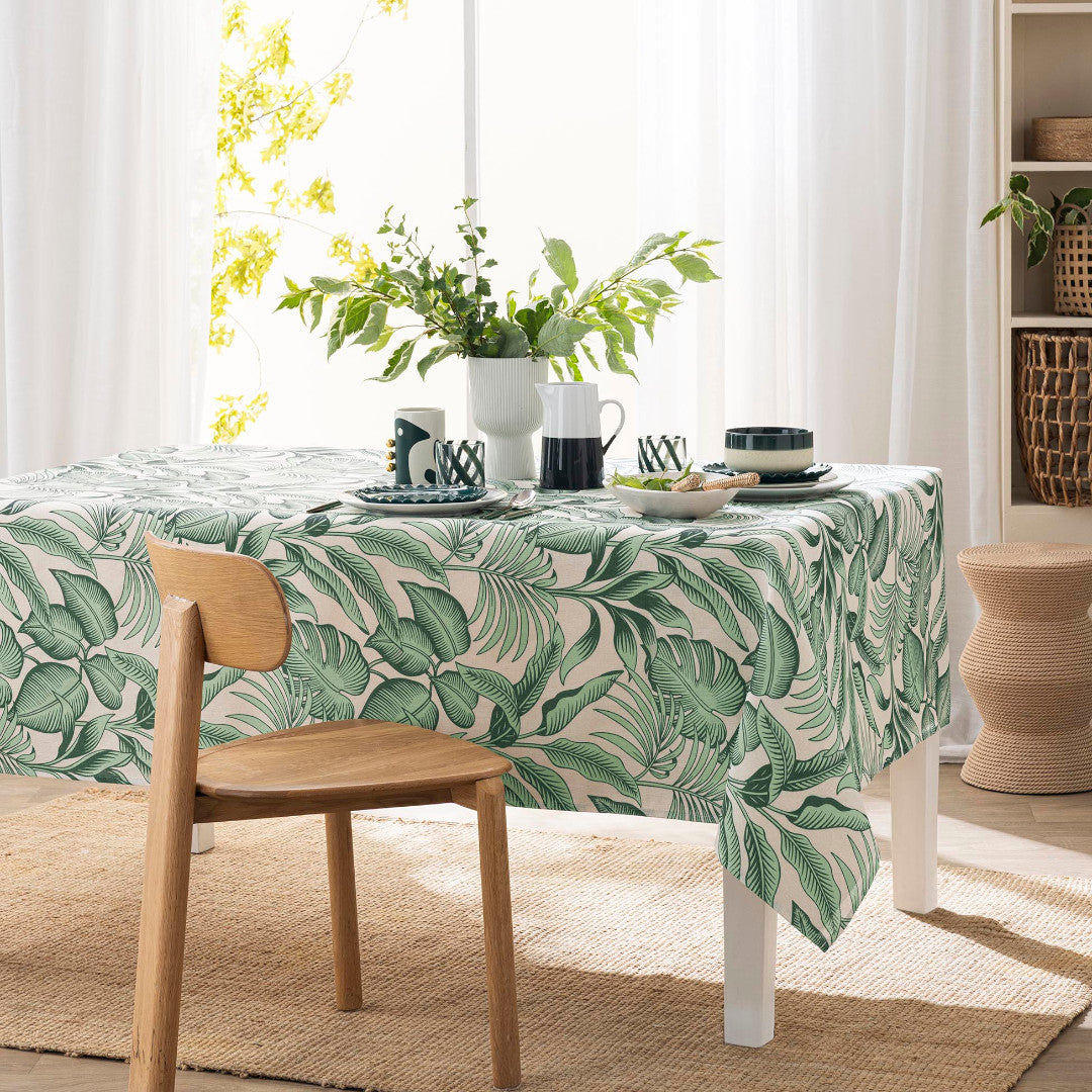 Stilys Sauge – Stofftischdecke in Leinenoptik mit botanischem Blättermuster – 140 x 240 cm, Ambiente
