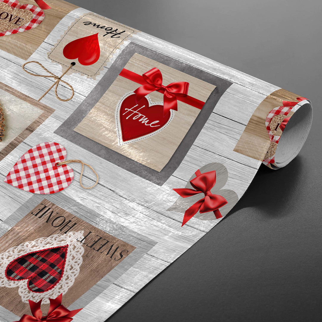 Sweet Love - Wachstuch Tischdecke mit Herzen, Karos und warmen Details, gerollt