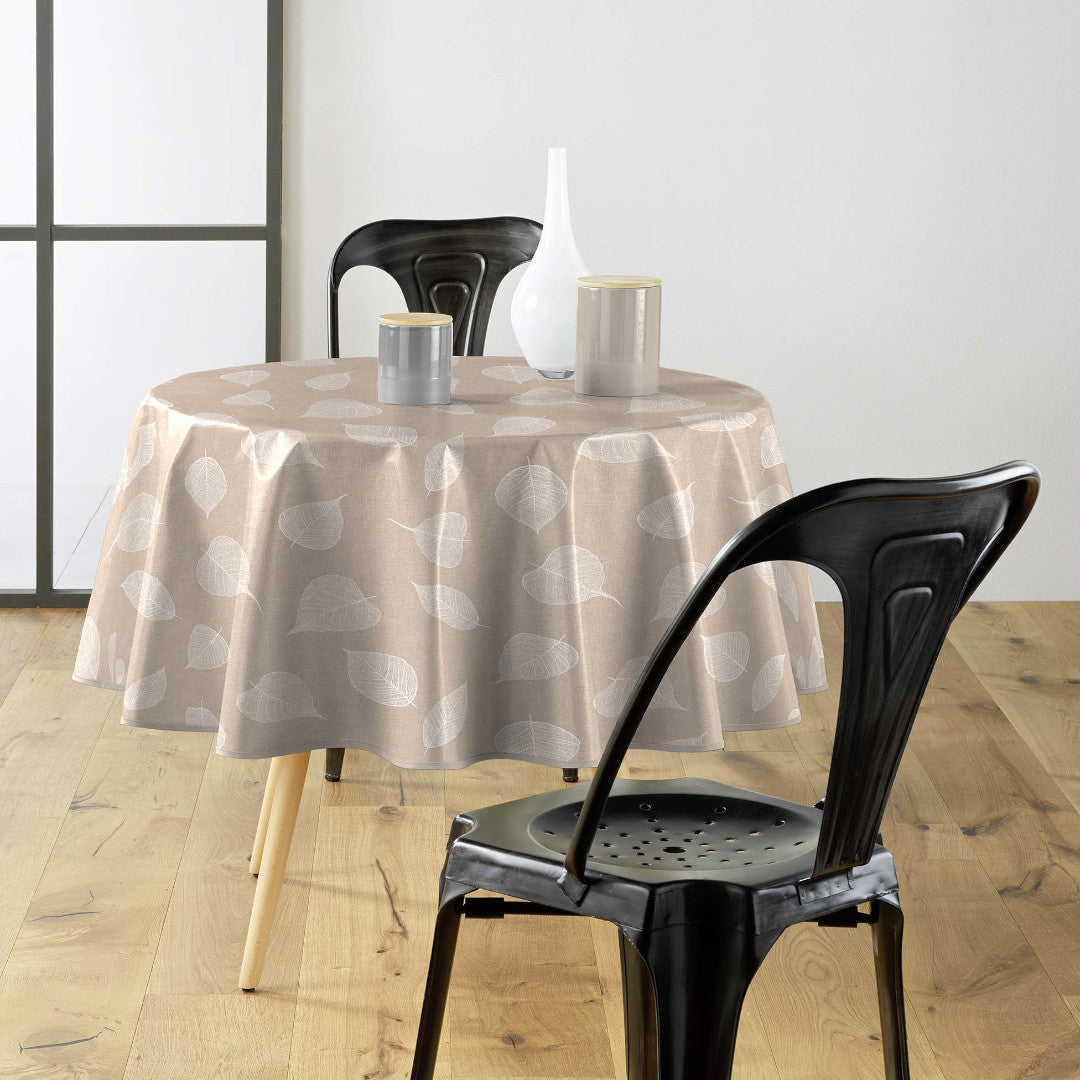 Textilia Feuillys - Runde Wachstuch-Tischdecke in Leinenoptik mit weißen Blattzeichnungen, Ø 155 cm, Ambiente