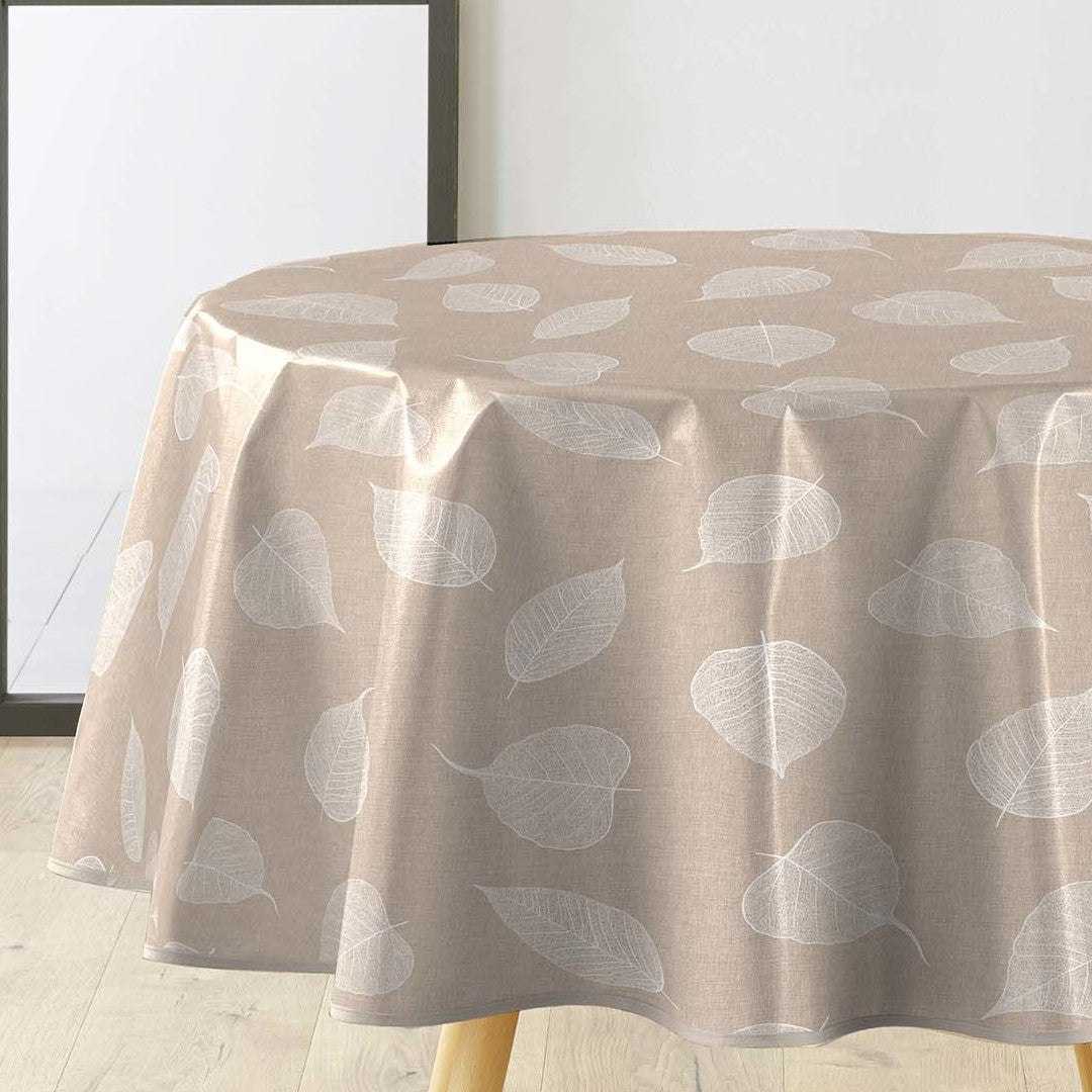 Textilia Feuillys - Runde Wachstuch-Tischdecke in Leinenoptik mit weißen Blattzeichnungen, Ø 155 cm