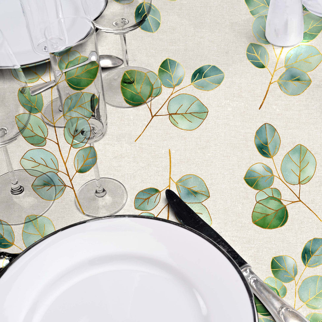 Textilia Glitter Eucalyptus – Wachstuch Tischdecke in Leinenoptik mit Goldeffekt, Nahaufnahme