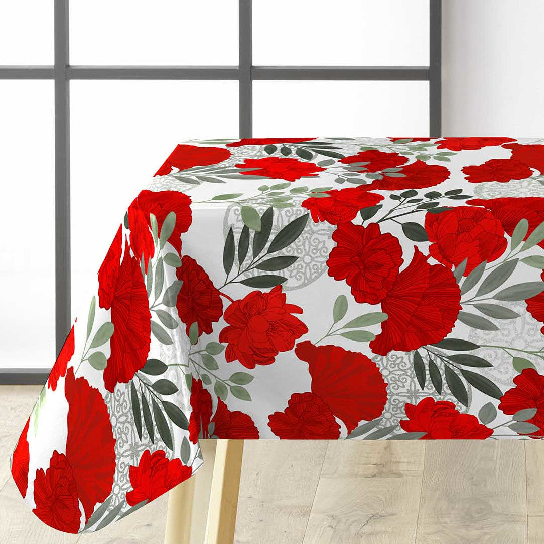 Textilia Occitanie – Fantastische Wachstuch Tischdecke mit roten Blumen, Ecke