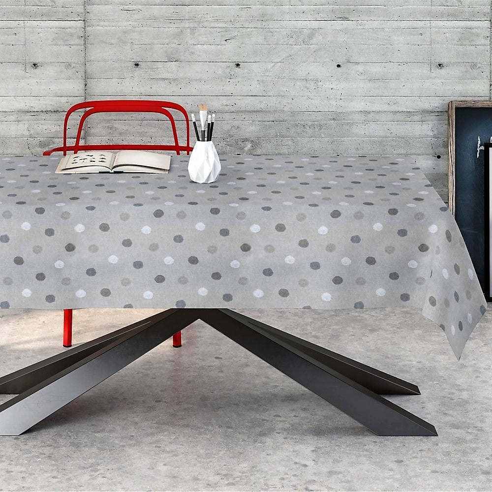 Gorky - Gepunktete Flecken, abwaschbare Tischdecke mit „Malerflecken“ auf leinenfarbenem Grund 140 cm