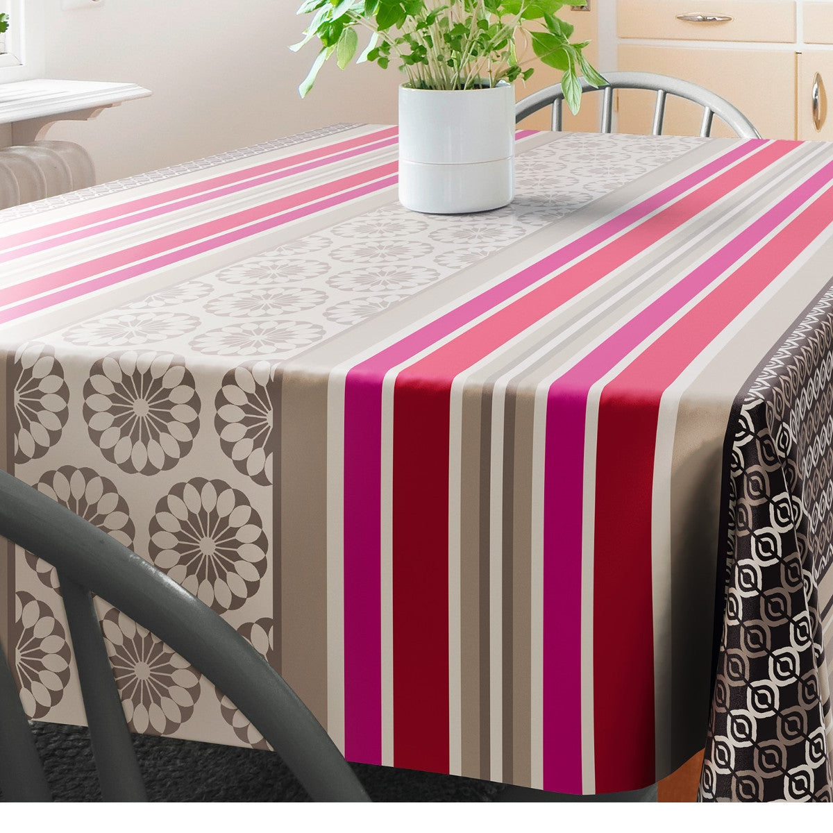 Amelle Taupe, Wachstuch Tischdecke mit klassischen französischen Streifen