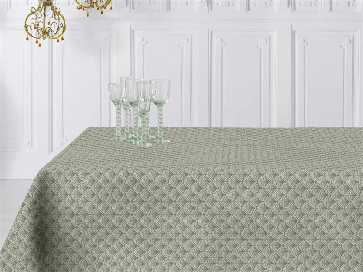 Amigoni Staubgrün - Jacquardgewebte abwaschbare Tischdecke, 180 cm breit