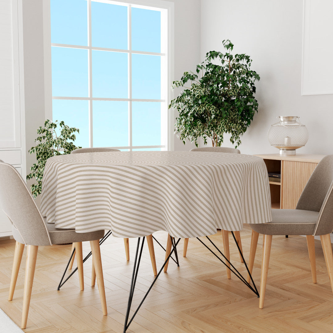 Aria Beige/Offwhite - Wachstuch Tischdecke mit Streifen in Leinenoptik