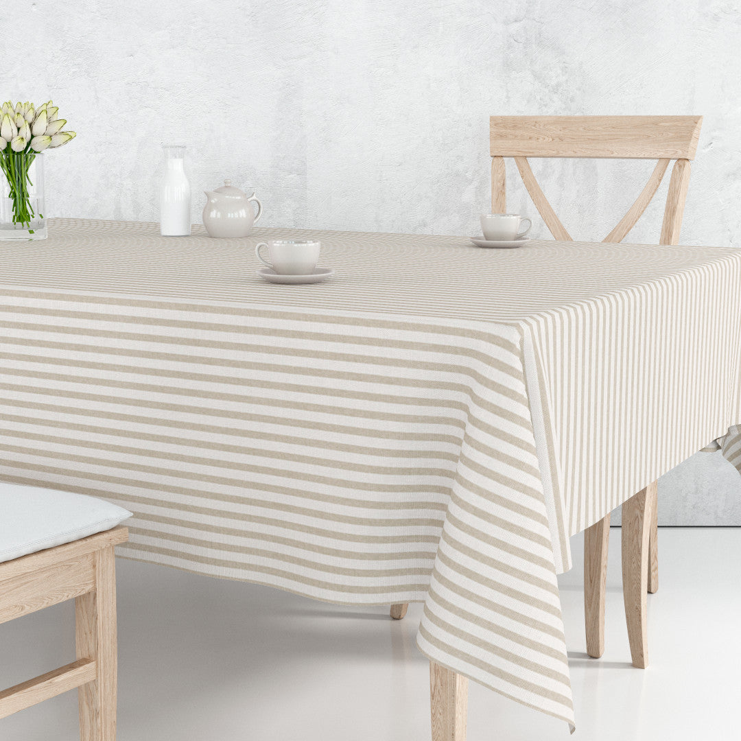 Runde Wachstuch Tischdecke Aria Beige/Offwhite mit Streifen in Leinenoptik