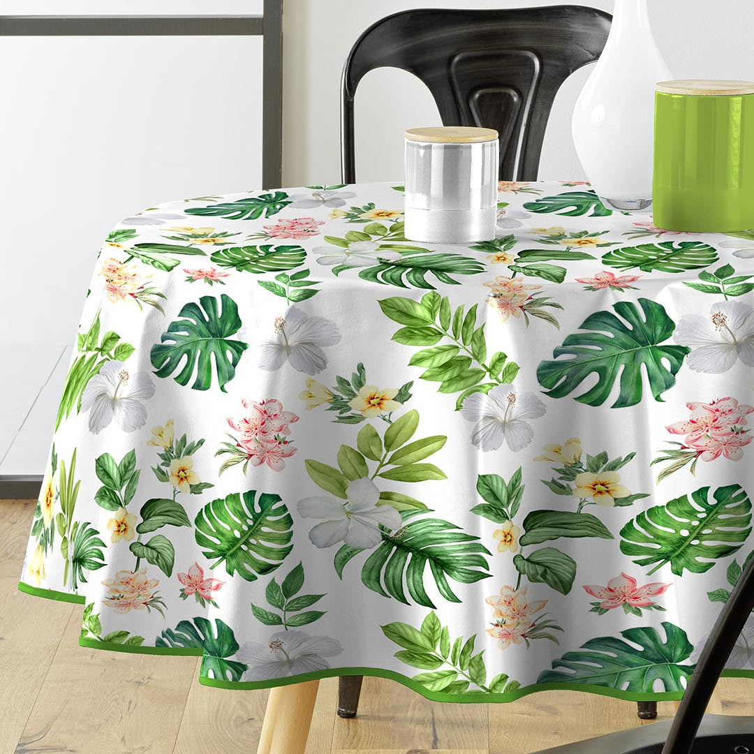 Baleares - Runde Wachstuch-Tischdecke mit Blumen und Blättern, Ø 155 cm