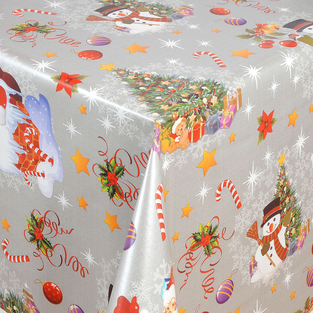 Bamses Jul Silber – Wachstuch Tischdecke für Weihnachten mit Bamse, Weihnachtsmann und Schneemann
